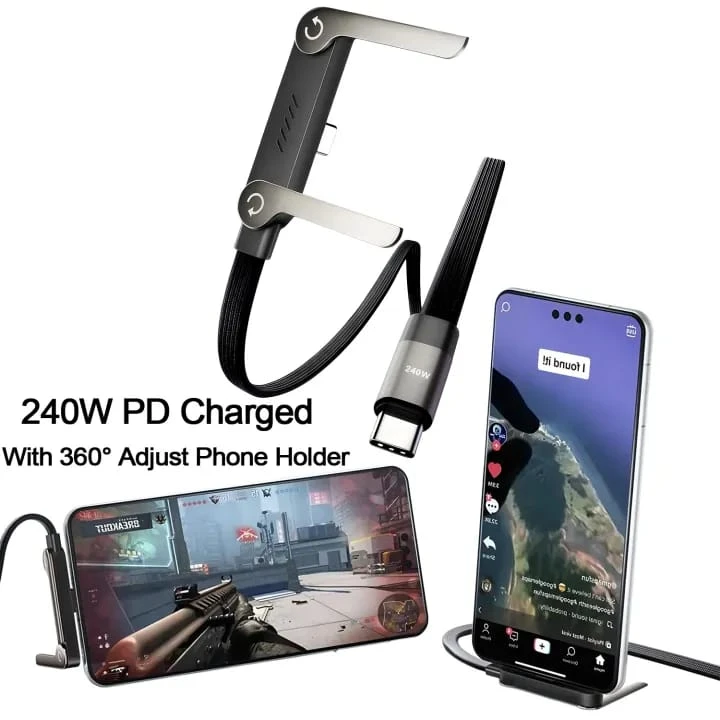 Hidden Holder Charger Cable with Stand, 240W PD Type-C to Type-C Fast Charging Cable, 2-In-1 Gaming Desk Stand 2pcs